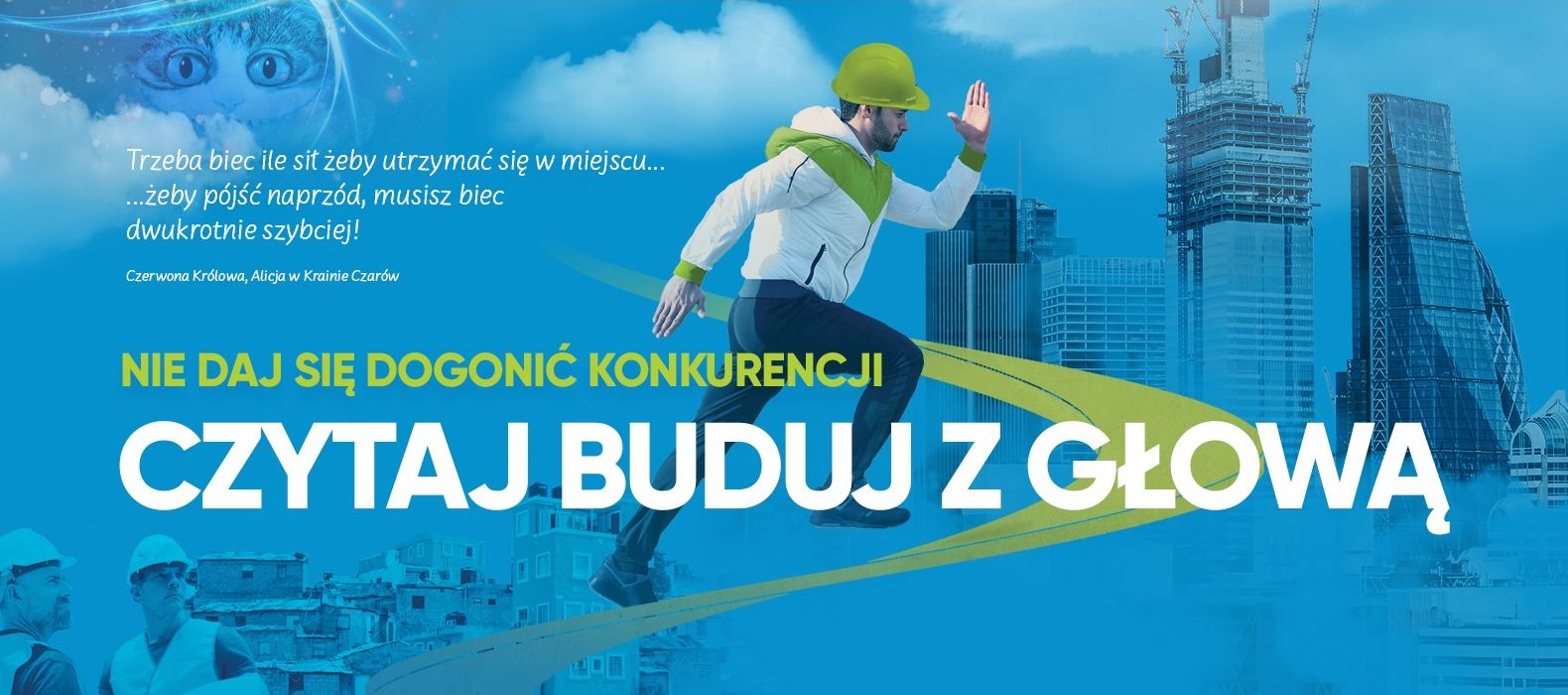 Banner promujący Buduj z Głową. Biegnący mężczyzna, czytelnik Poradnika Kosztorysanta, ucieka konkurencji.